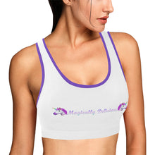 Load image into Gallery viewer, White/Purple Women&#39;s All Over Print Sports Bra (Model T52)