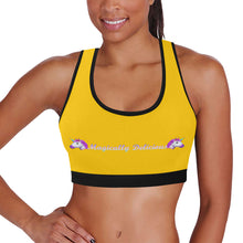 Load image into Gallery viewer, Yellow/Black Women&#39;s All Over Print Sports Bra (Model T52)