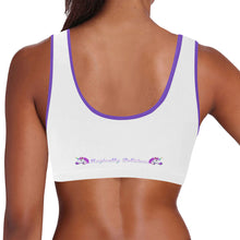 Load image into Gallery viewer, White/Purple Women&#39;s All Over Print Sports Bra (Model T52)