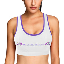 Load image into Gallery viewer, White/Purple Women&#39;s All Over Print Sports Bra (Model T52)